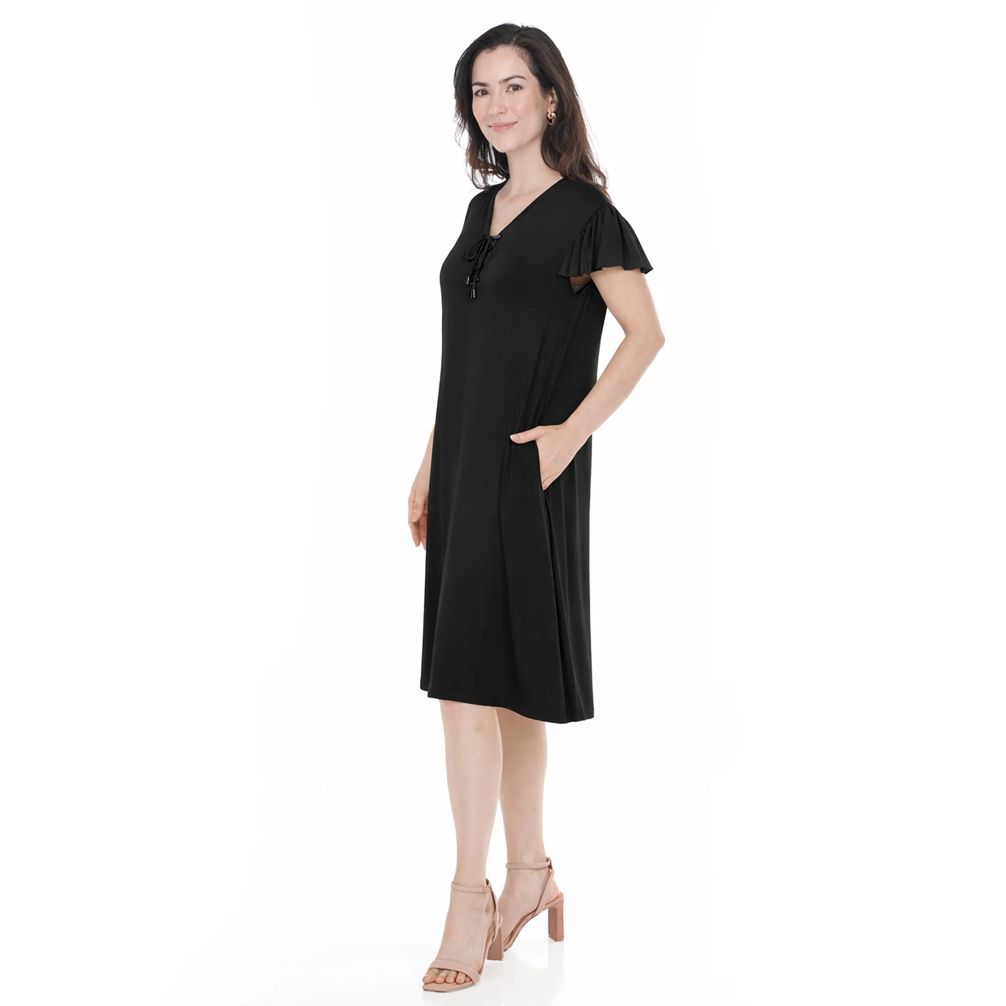 Women's V-Neck Tie Front Flutter Sleeve Shift Dress - Image 2