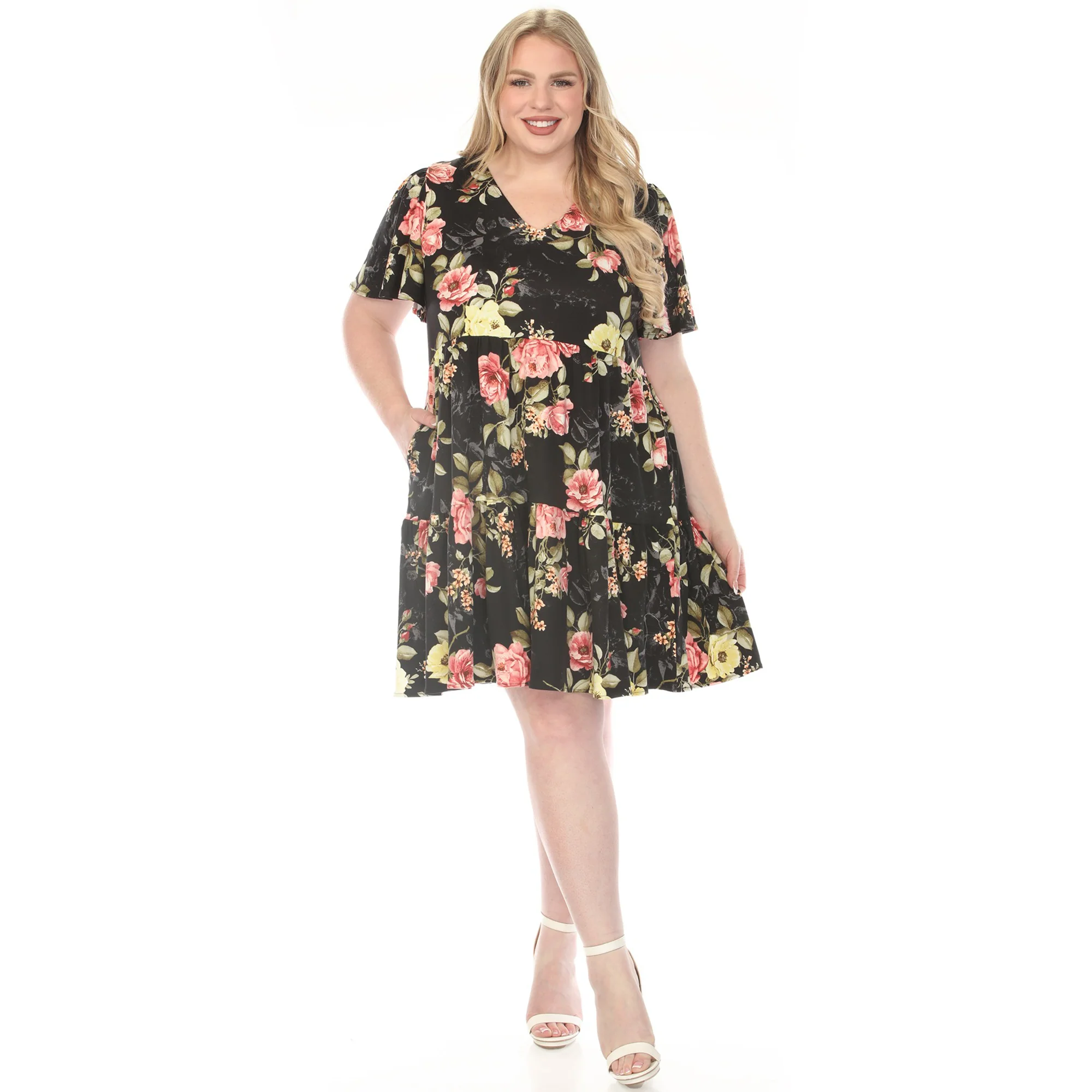 Women's  V-Neck Tropical Flower Short Sleeve Dress - Black - Plus - Image 5