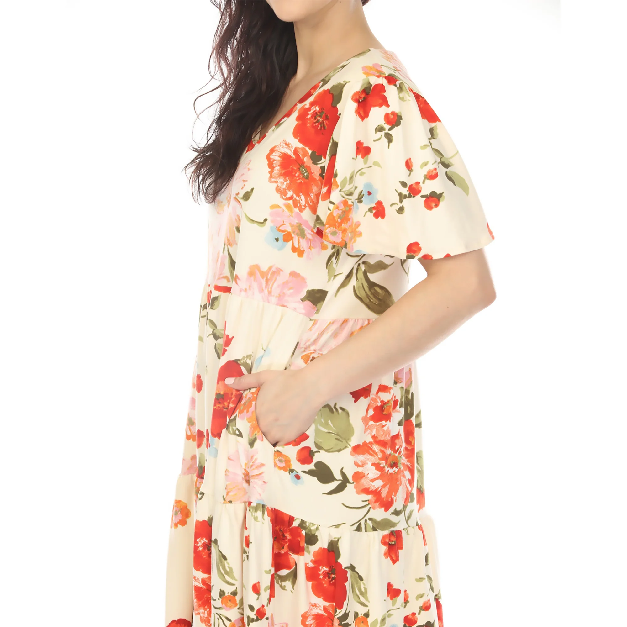 Women's V-Neck Tropical Flower Short Sleeve Dress - Ivory - Image 4