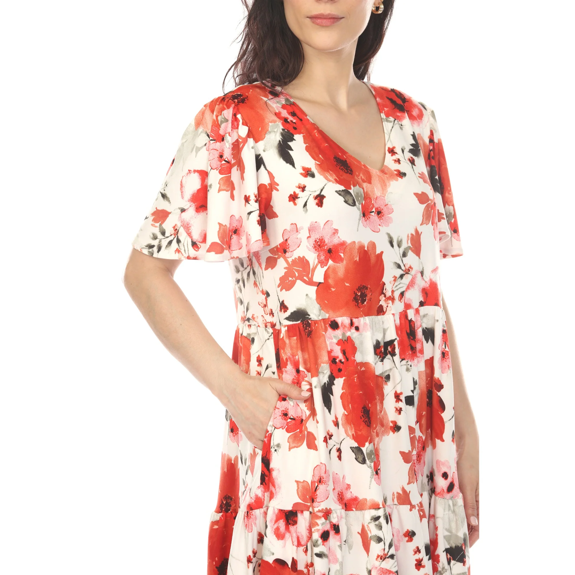 Women's V-Neck Vintage Floral Short Sleeve Dress - Red - Image 4