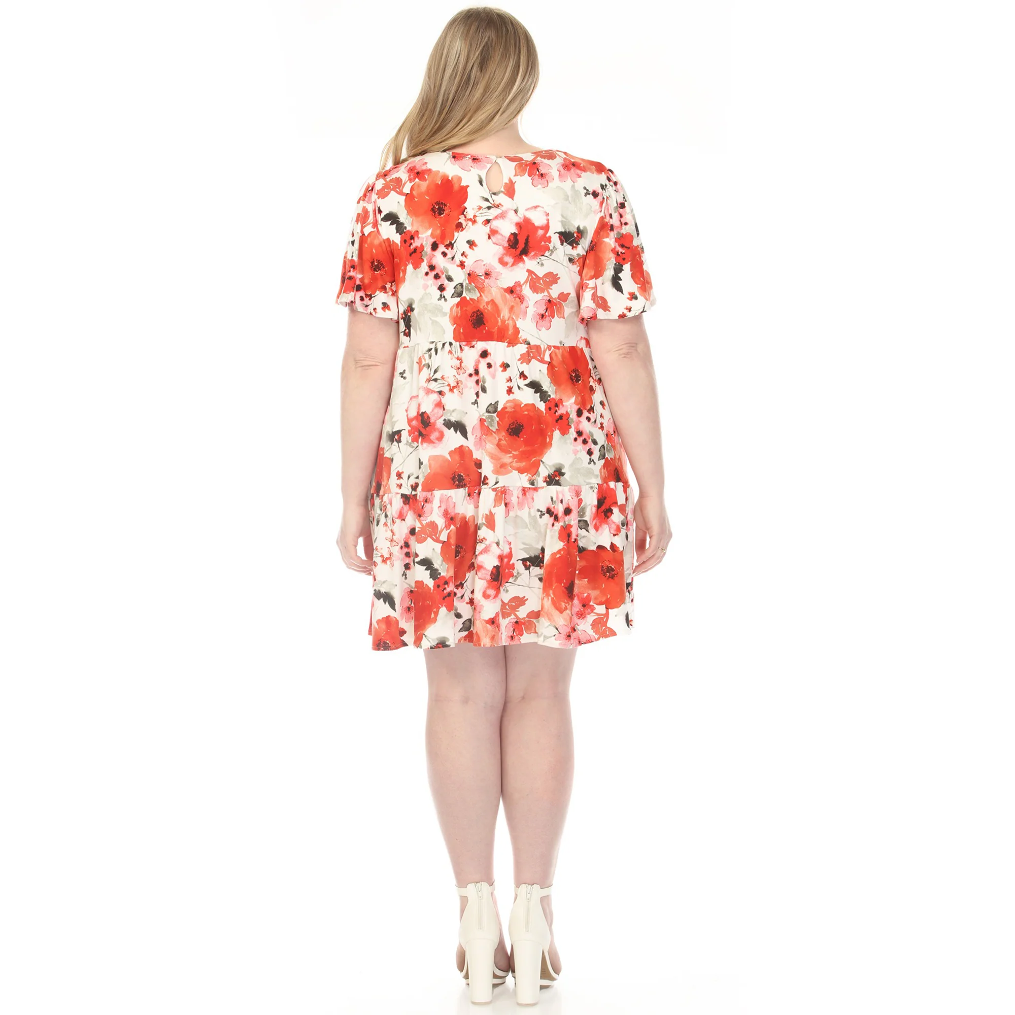Women's  V-Neck Vintage Floral Short Sleeve Dress - Red - Plus - Image 3