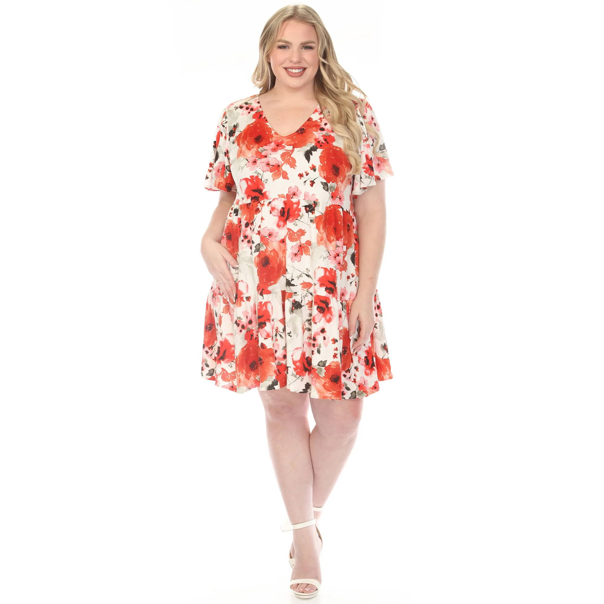 Women's  V-Neck Vintage Floral Short Sleeve Dress - Red - Plus - Image 5