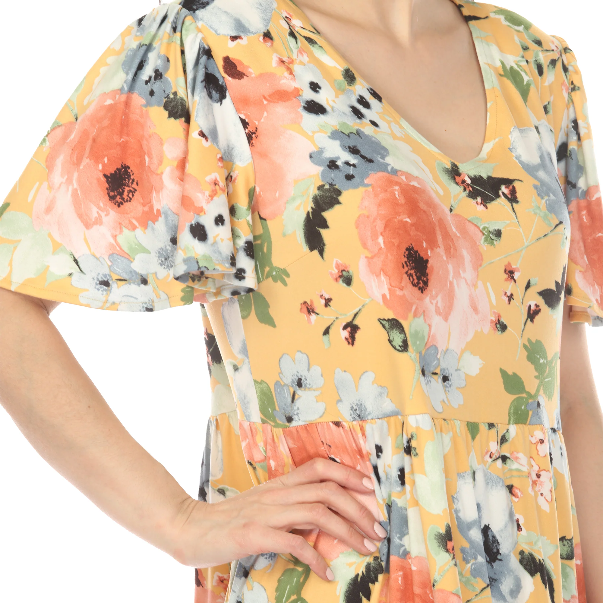 Women's V-Neck Vintage Floral Short Sleeve Dress - Yellow - Image 4
