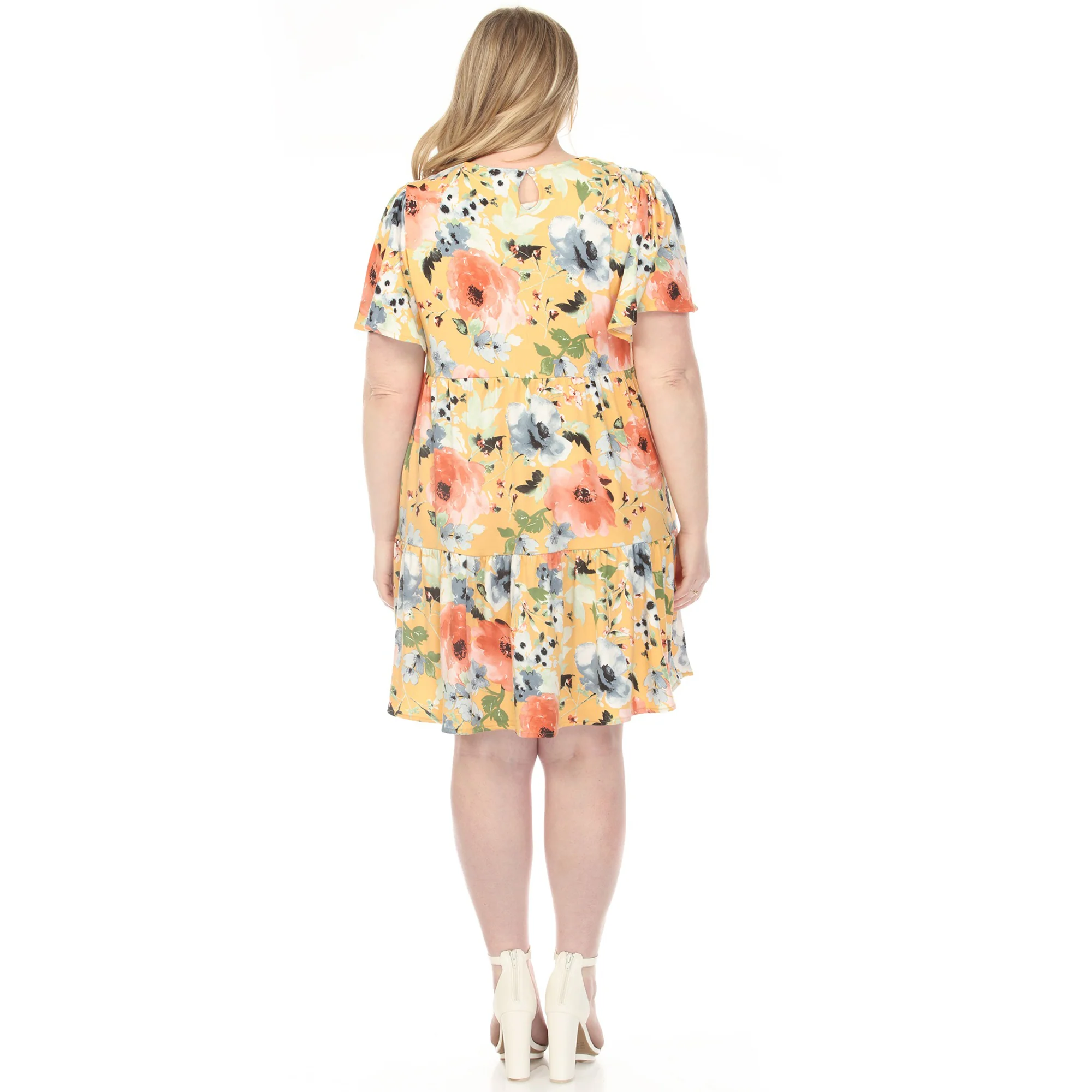 Women's  V-Neck Vintage Floral Short Sleeve Dress - Yellow - Plus - Image 3
