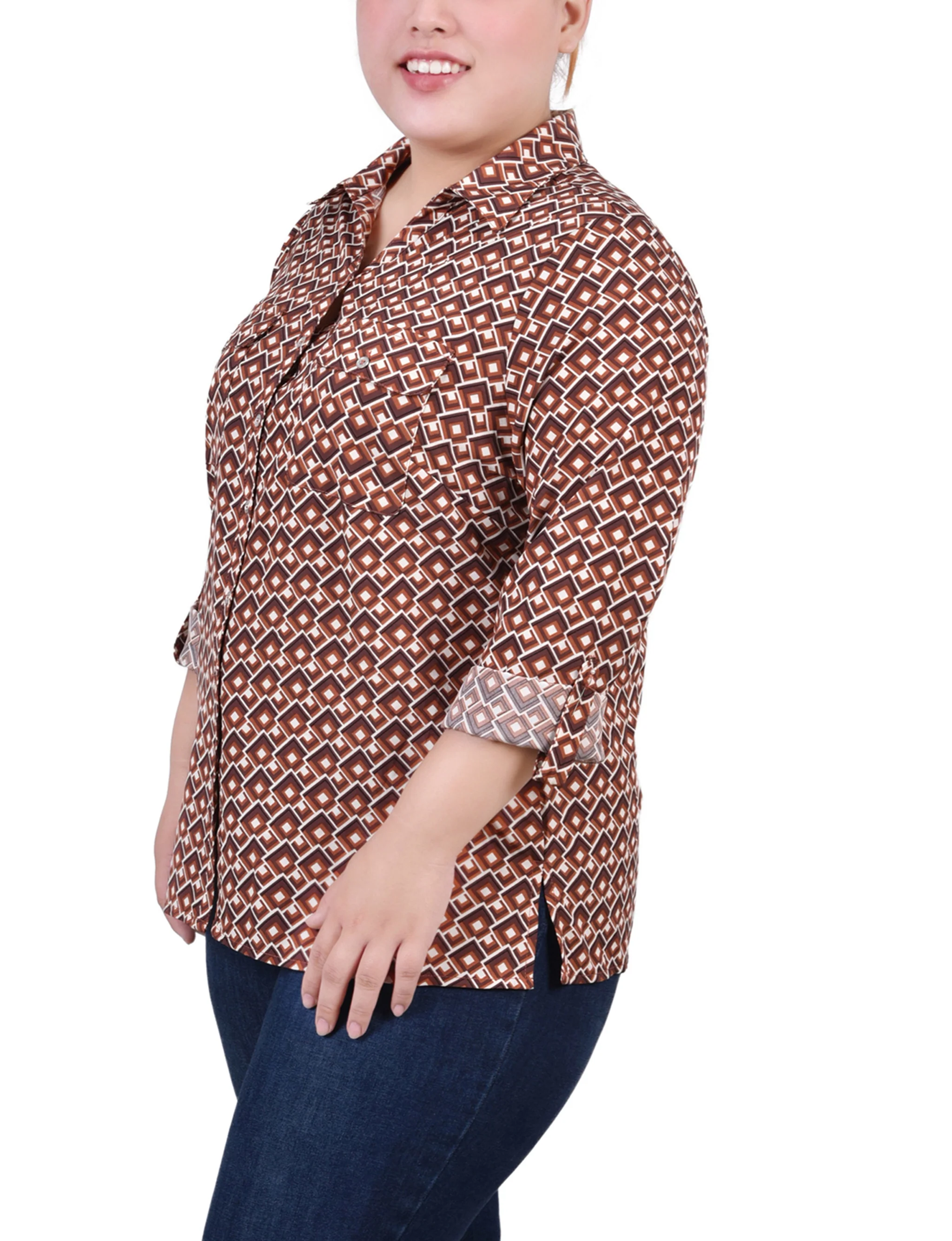 Yellow 3/4 Roll Tab Blouse With Pockets - Plus Size - Image 2