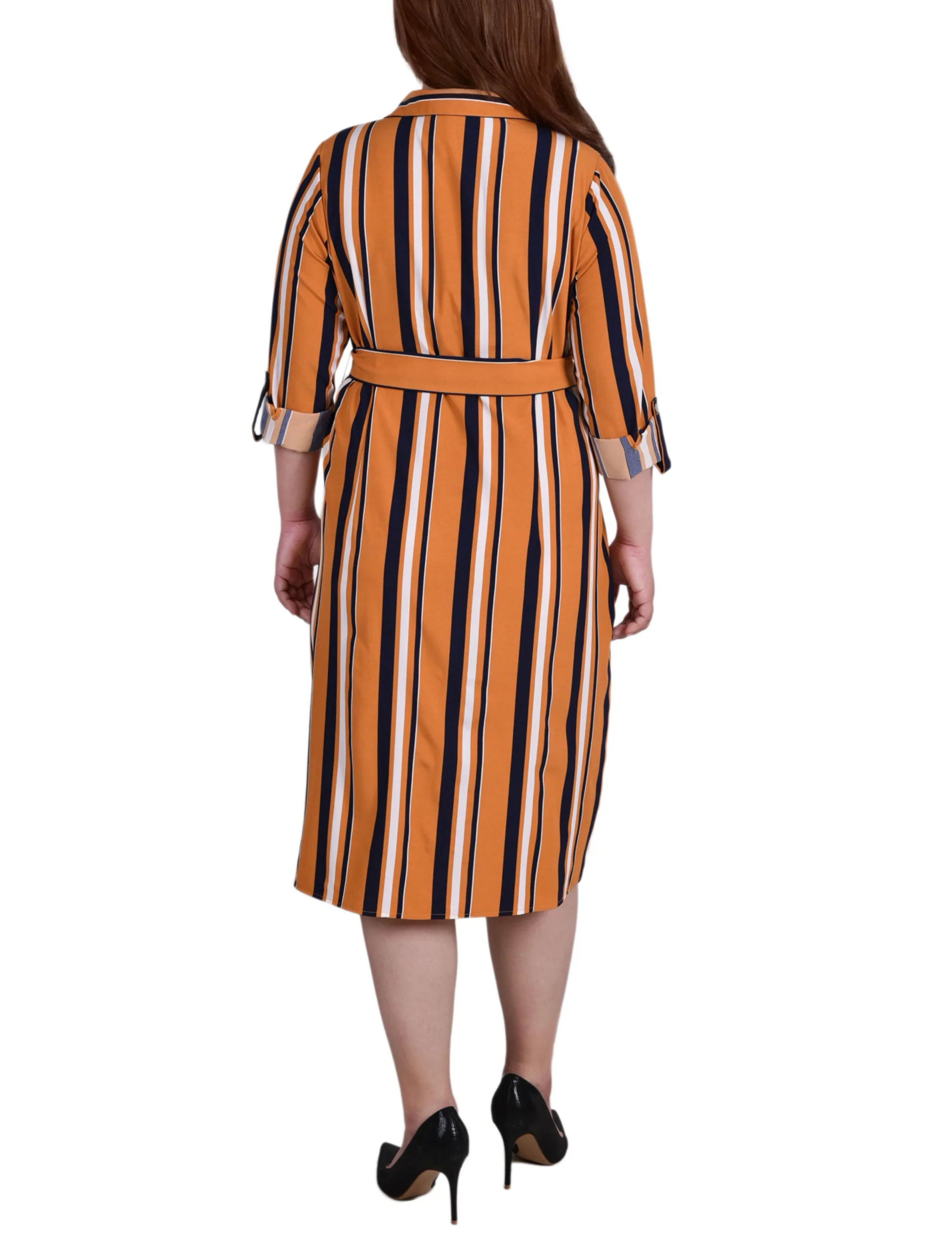 Yellow 3/4 Roll Tab Sleeve Belted Shirtdress - Plus Size - Image 3