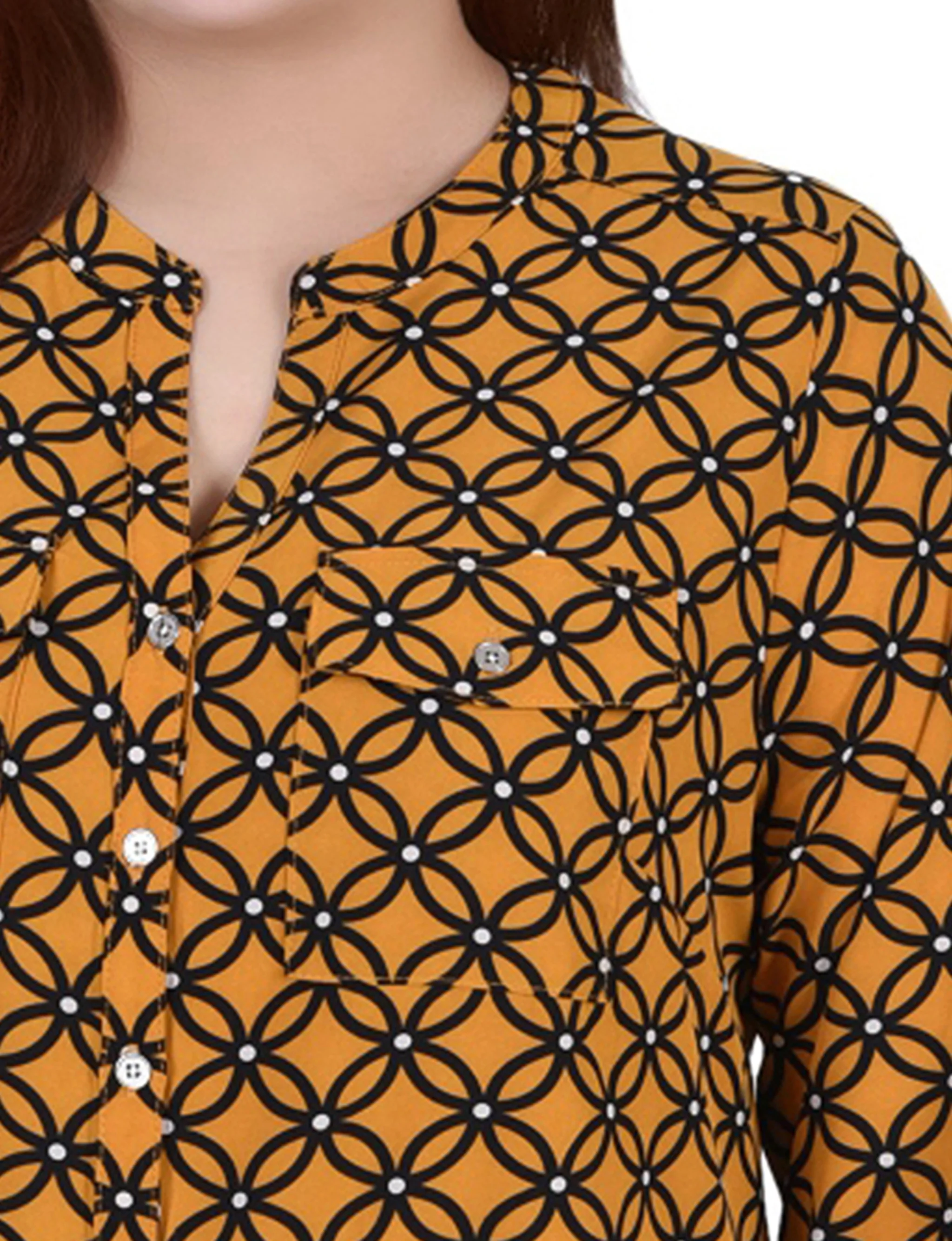 Yellow 3/4 Roll Tab Sleeve Mandarin Collar Blouse - Plus Size - Image 3