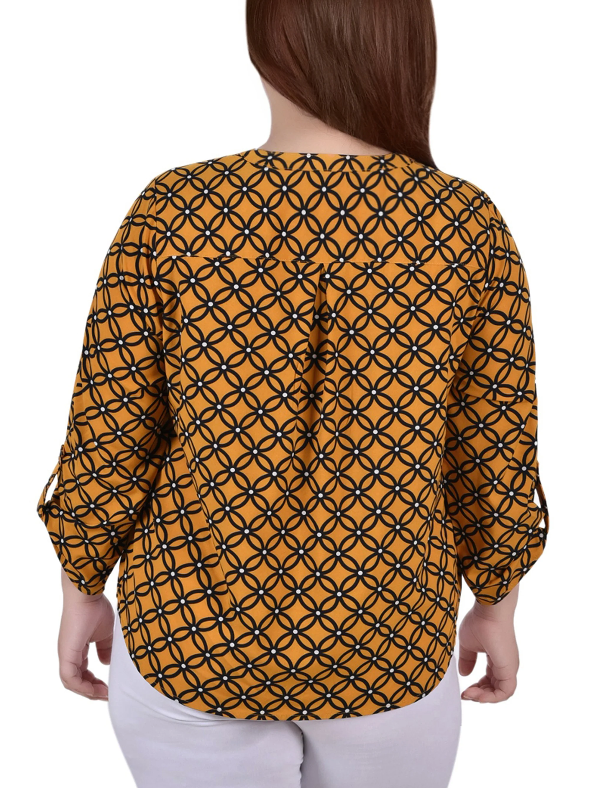 Yellow 3/4 Roll Tab Sleeve Mandarin Collar Blouse - Plus Size - Image 4