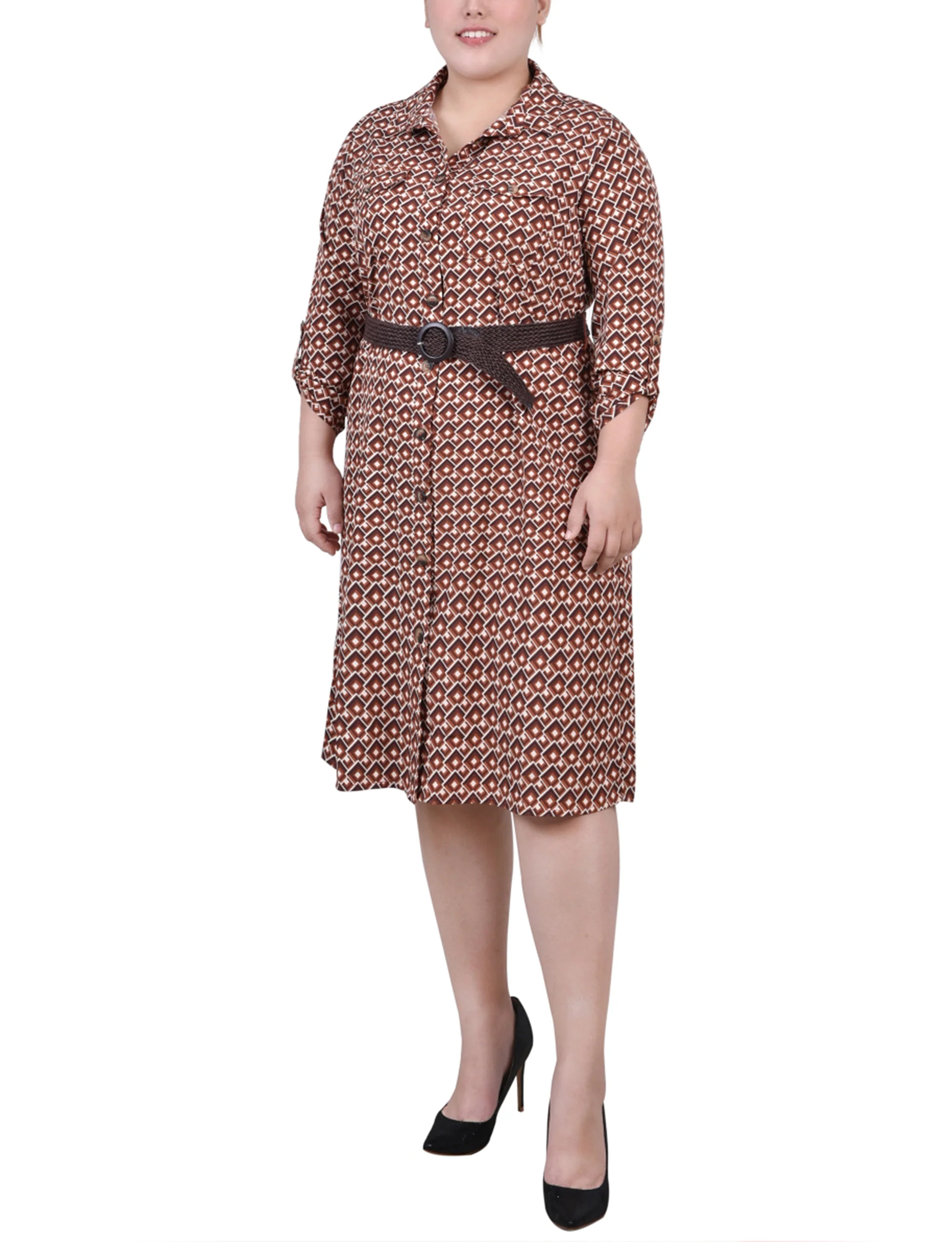 Yellow 3/4 Roll Tab Sleeve Shirtdress - Plus Size