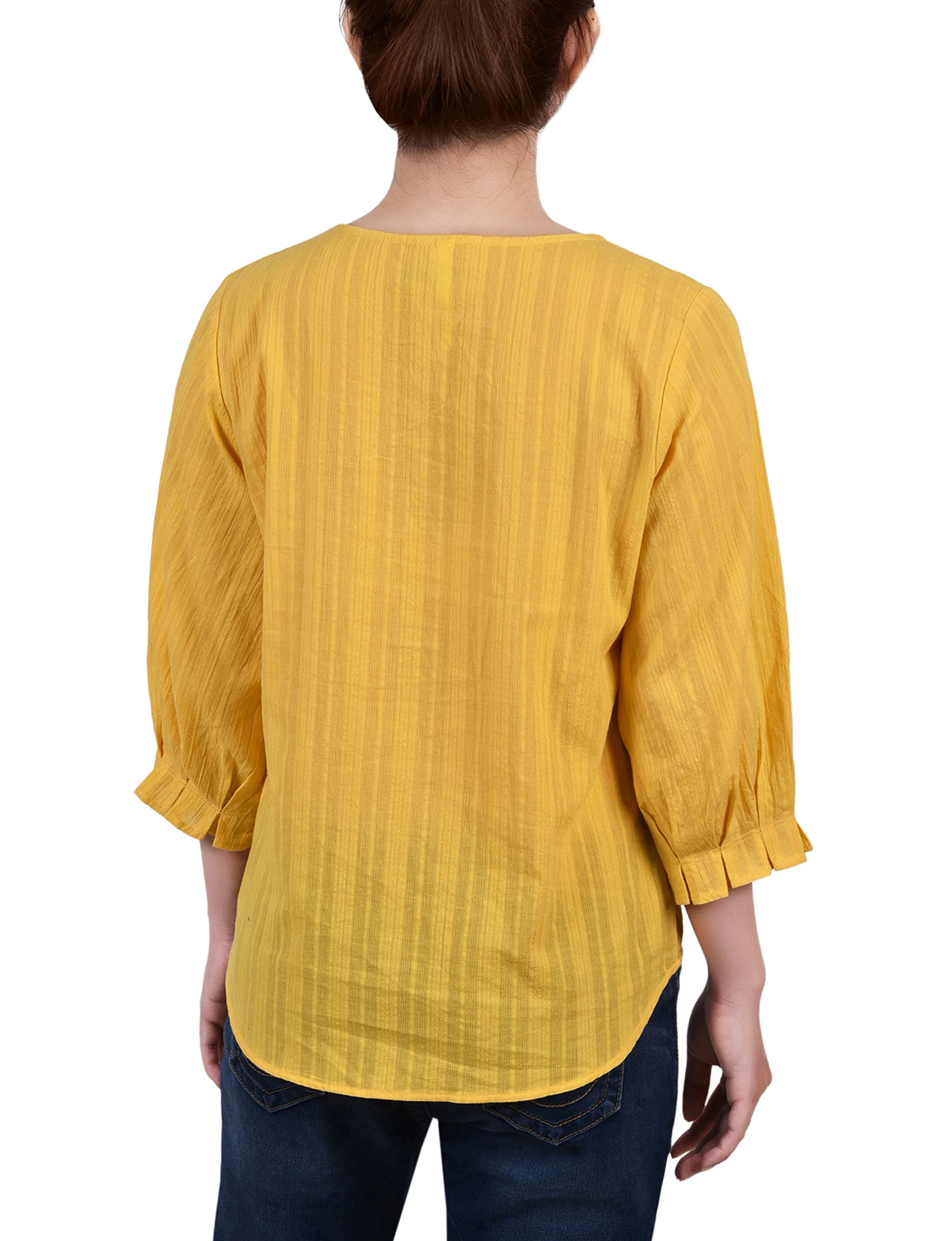 Yellow 3/4 Sleeve Button Placket Jacquard Blouse - Petite - Image 2