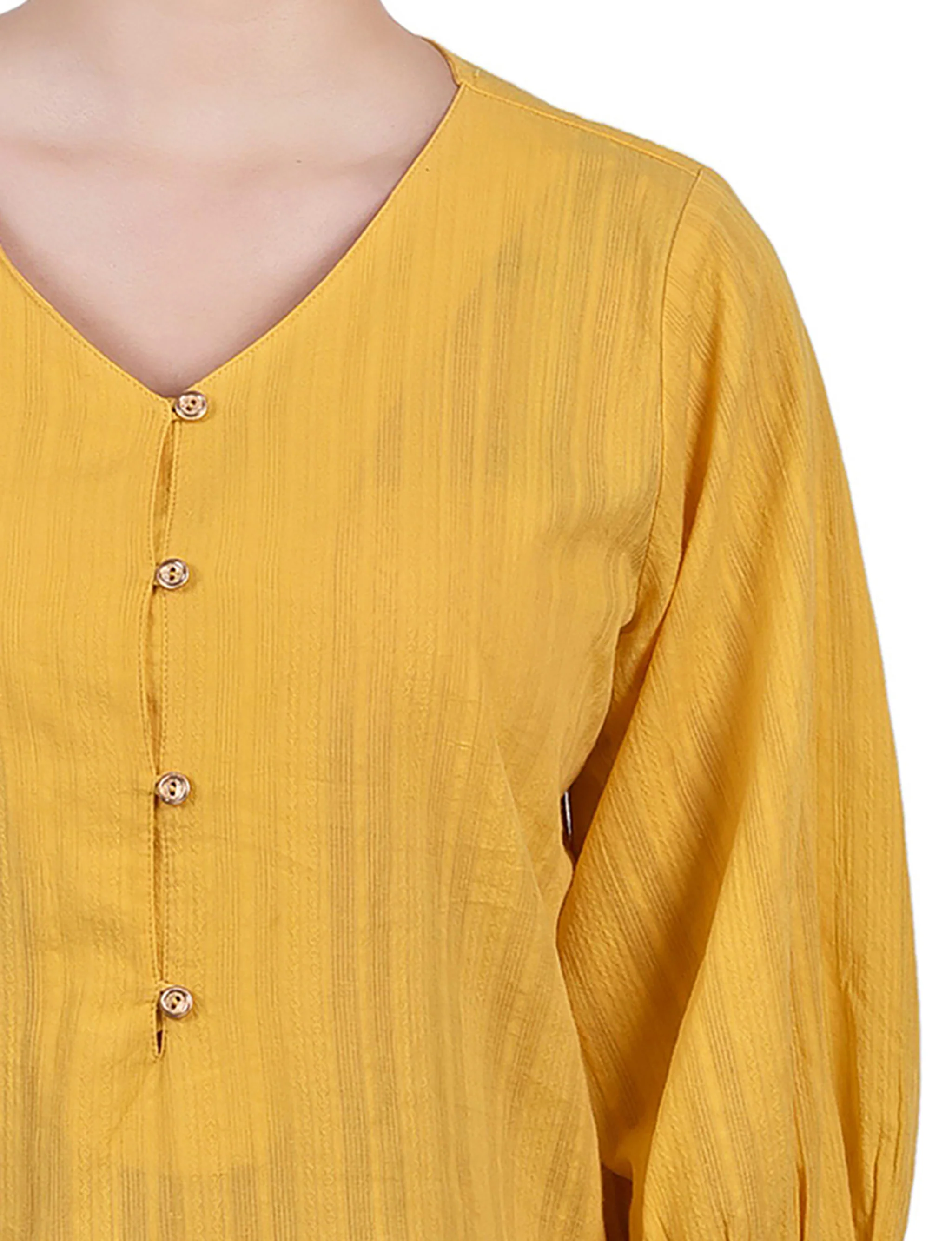 Yellow 3/4 Sleeve Button Placket Jacquard Blouse - Petite - Image 4
