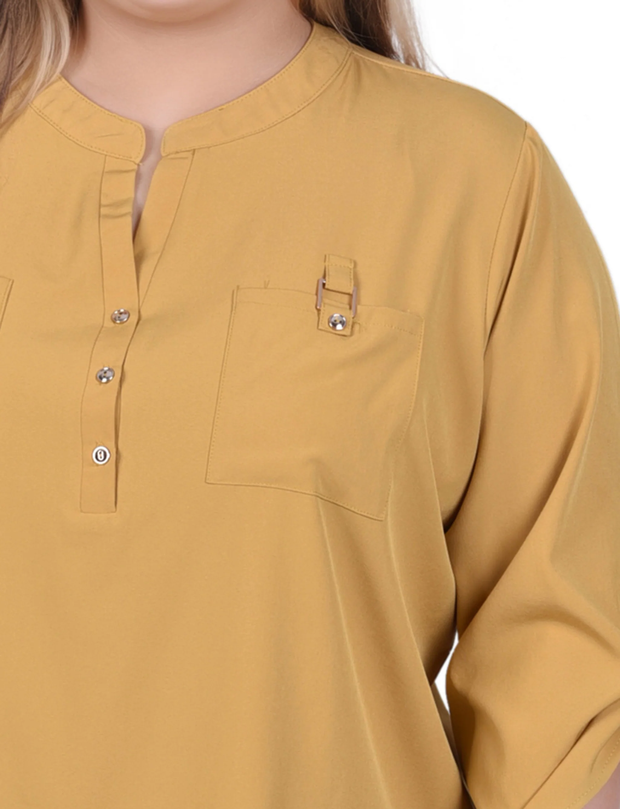 Yellow 3/4 Tabbed Sleeve Y Neck Blouse - Plus Size - Image 3