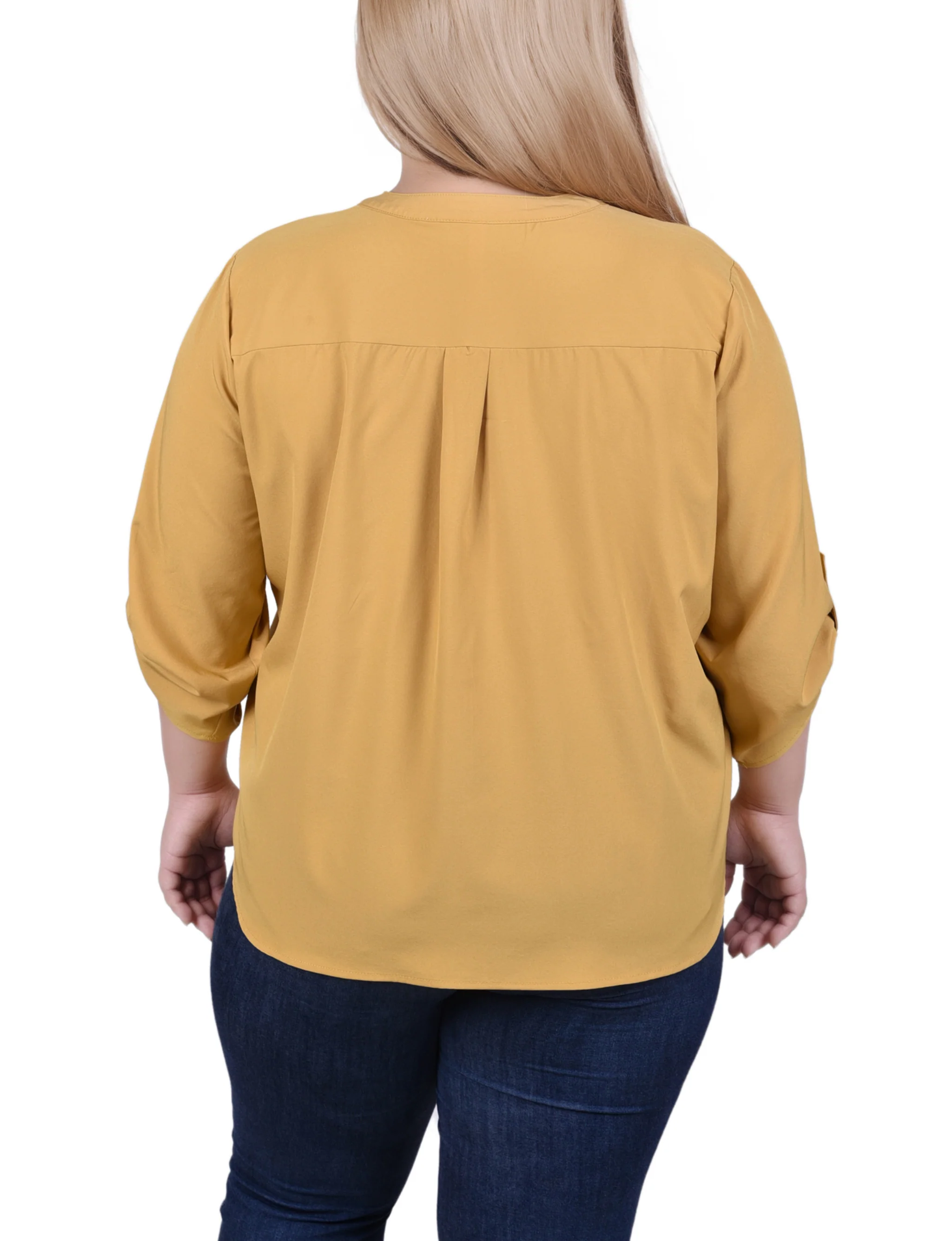 Yellow 3/4 Tabbed Sleeve Y Neck Blouse - Plus Size - Image 4