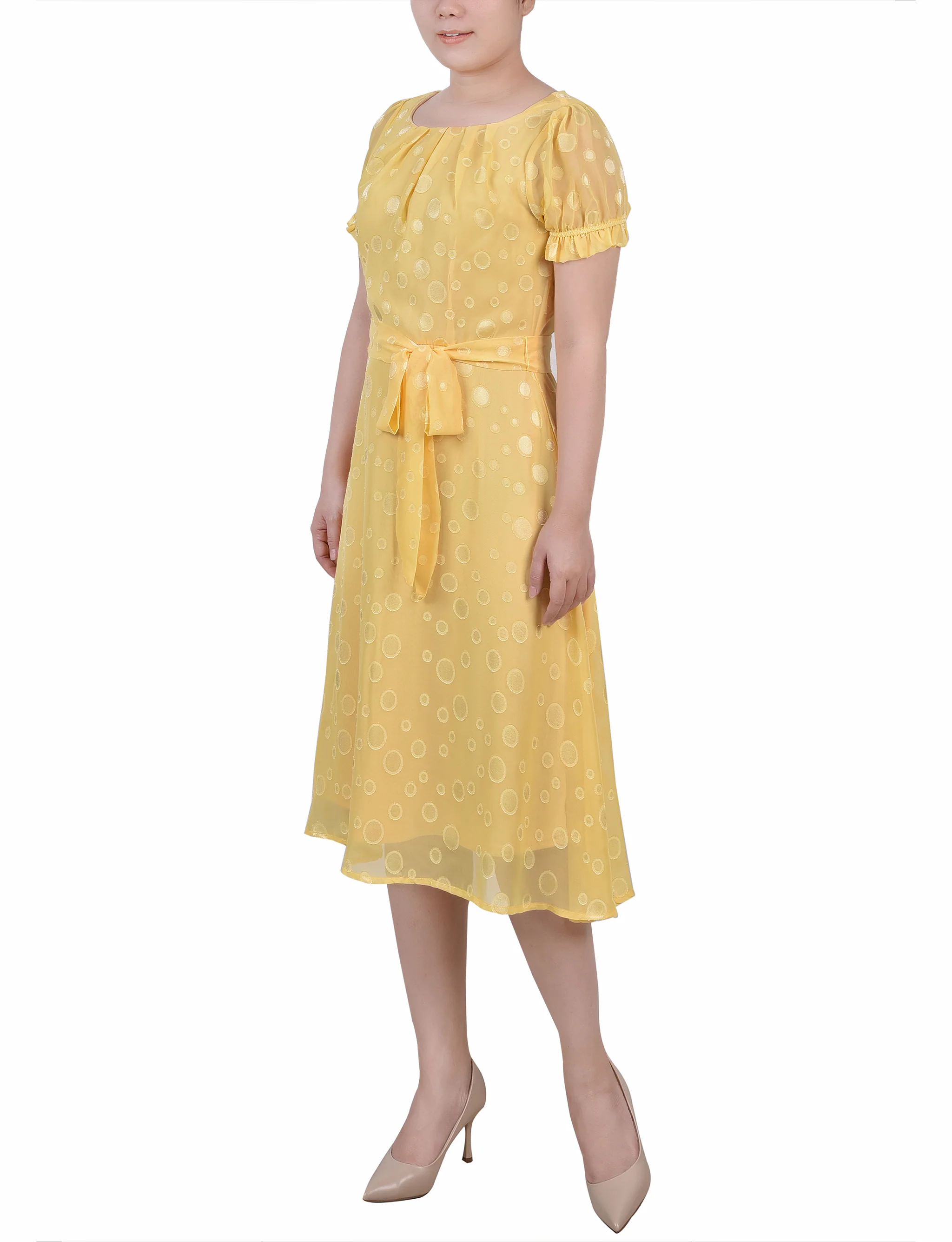 Yellow Multi Circle Short Sleeve Belted Swiss Dot Dress - Image 2