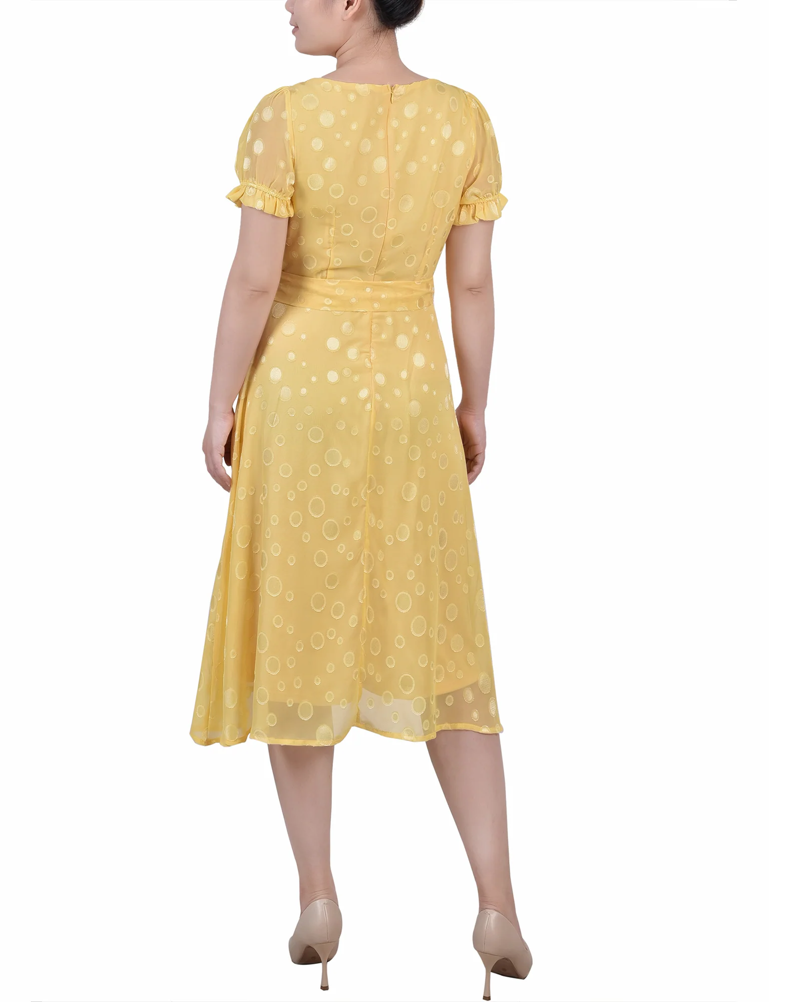 Yellow Multi Circle Short Sleeve Belted Swiss Dot Dress - Petite - Image 3