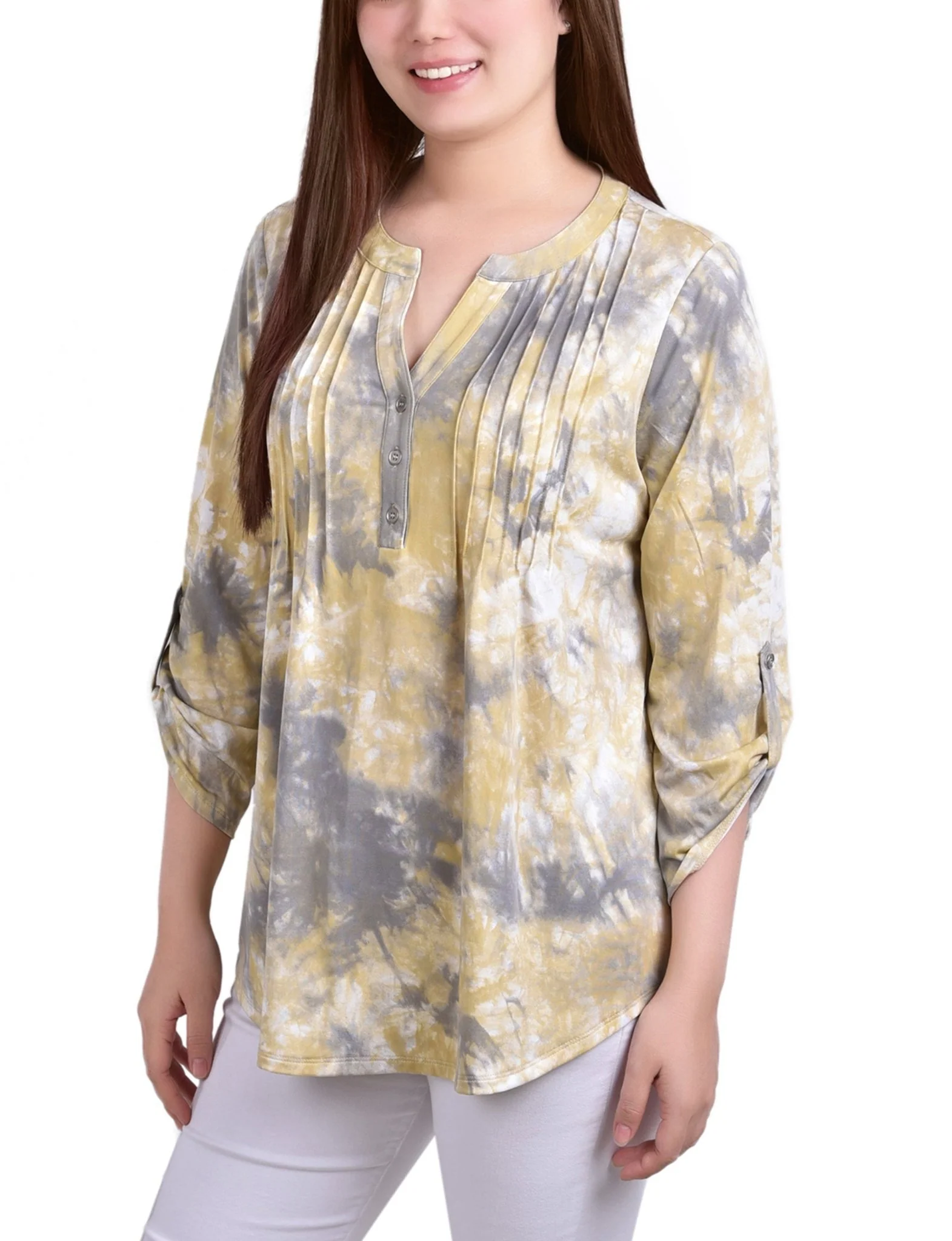 Yellow Tiedye 3/4 Bell Sleeve Pleat Front Y Neck Top - Image 2