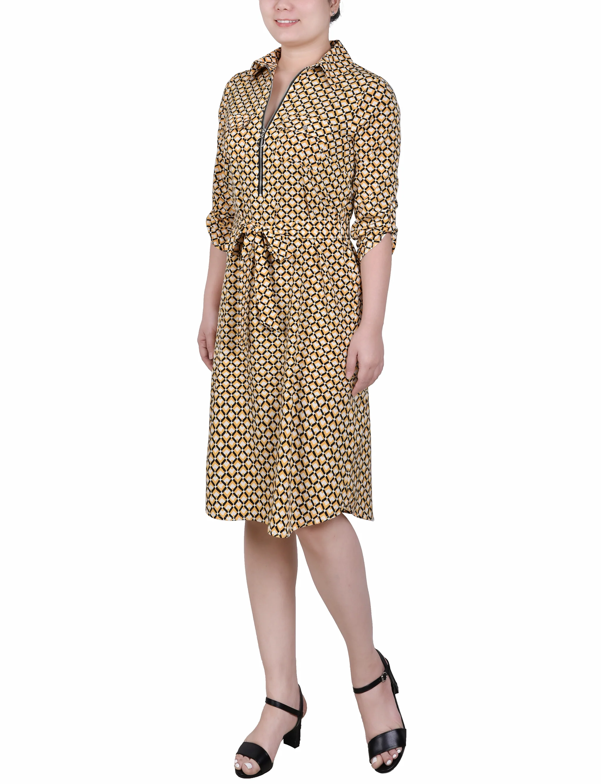 Yellow White Black Diamond 3/4 Roll Tab Sleeve Zippered Shirtdress - Image 2